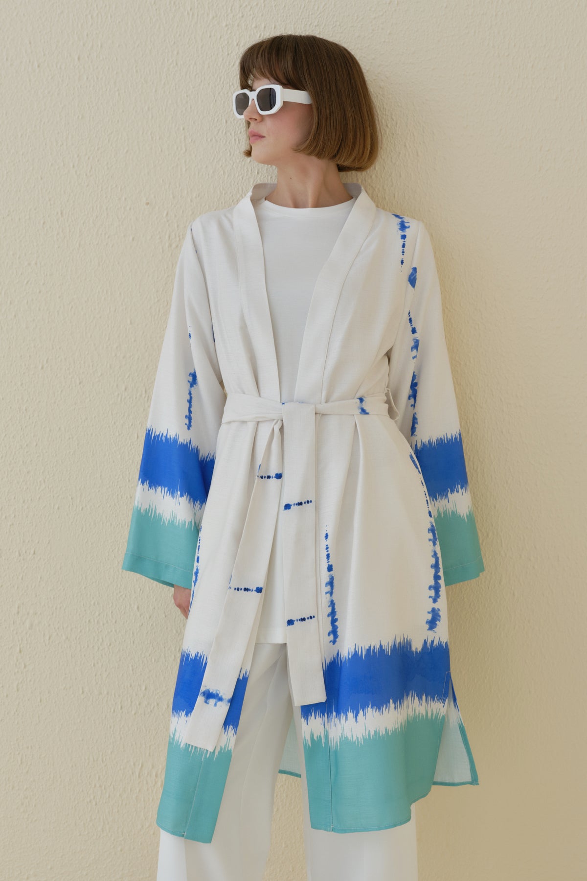 Yırtmaçlı Kuşaklı Viskon Kimono - Mint