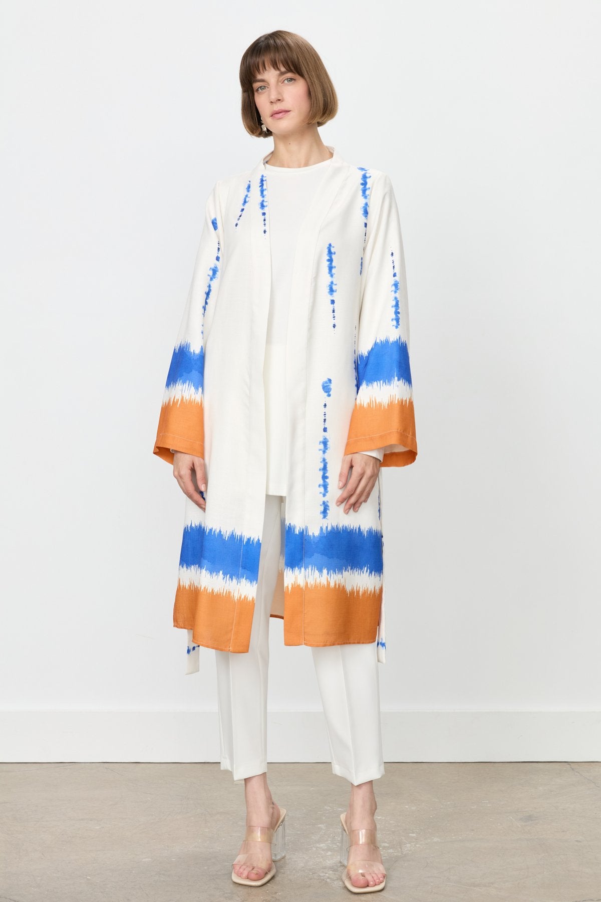 Yırtmaçlı Kuşaklı Viskon Kimono - Oranj