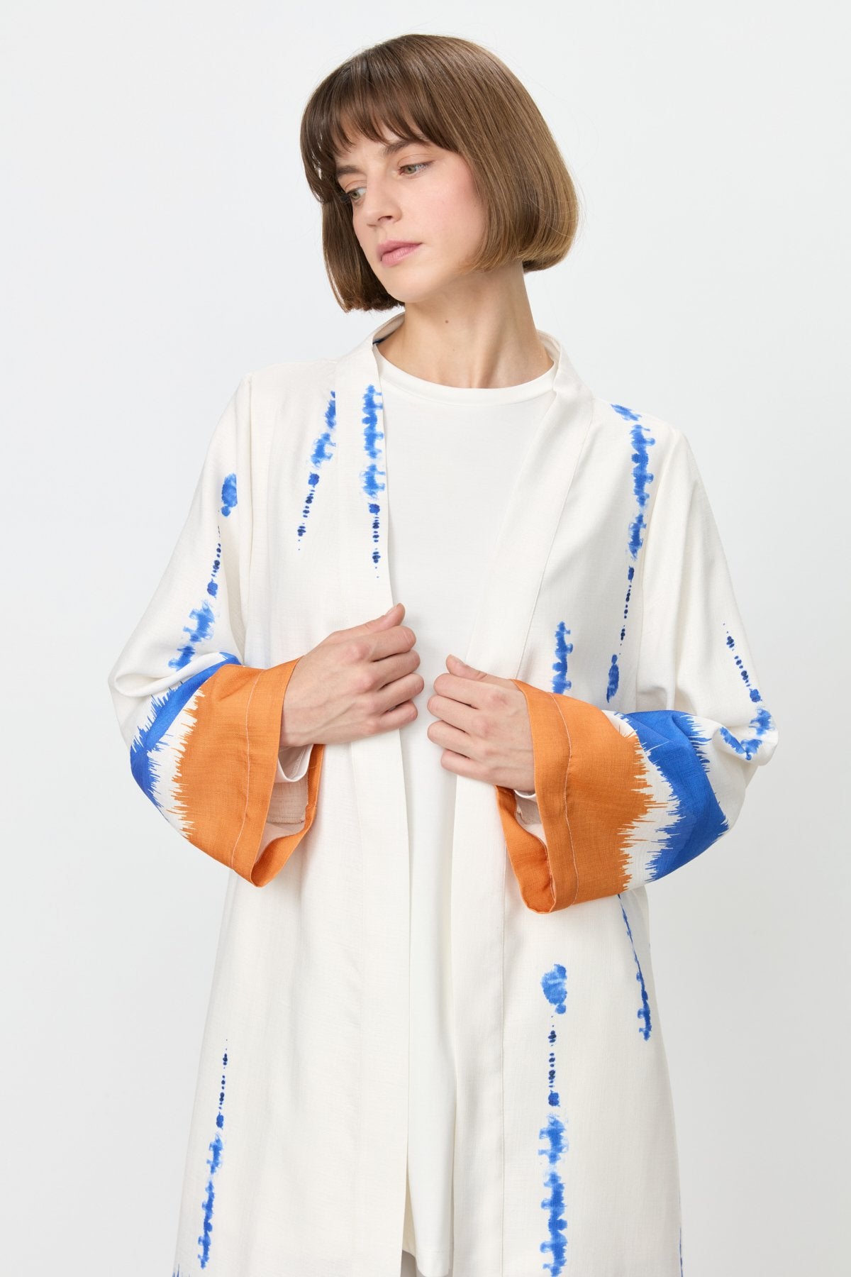 Yırtmaçlı Kuşaklı Viskon Kimono - Oranj