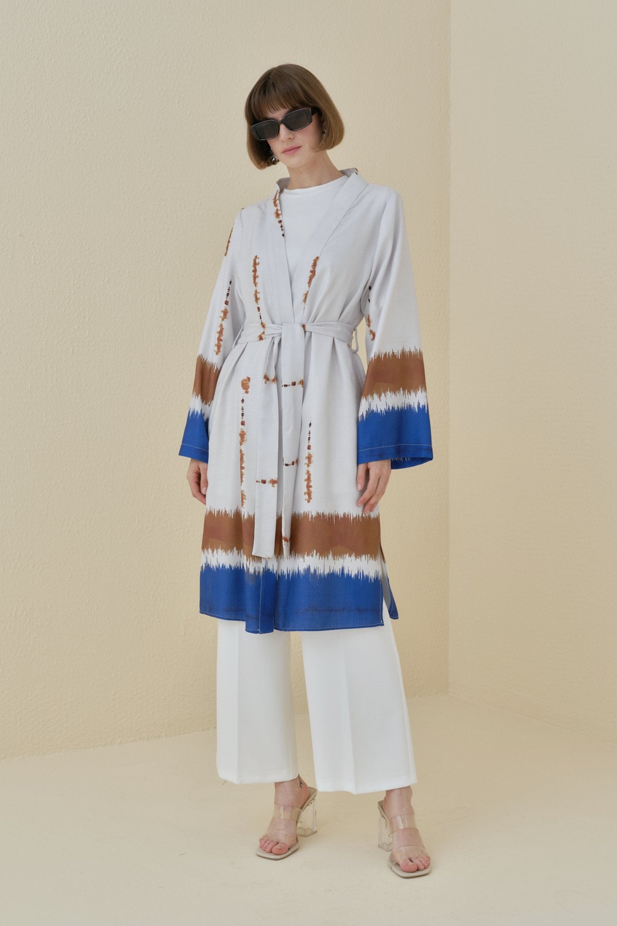Yırtmaçlı Kuşaklı Viskon Kimono - Saks