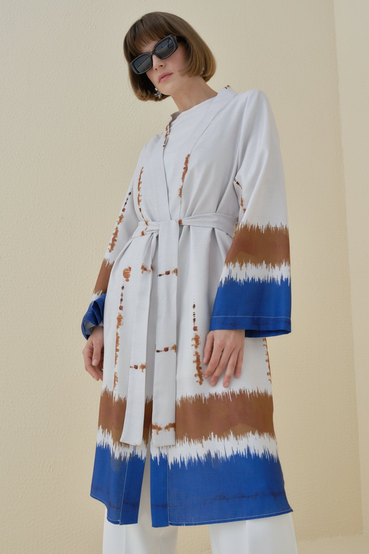 Yırtmaçlı Kuşaklı Viskon Kimono - Saks