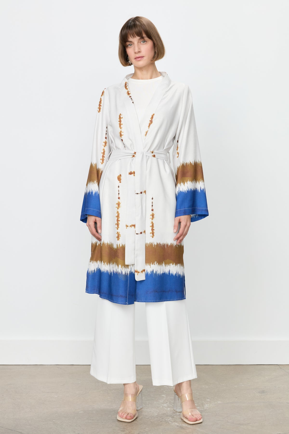 Yırtmaçlı Kuşaklı Viskon Kimono - Saks