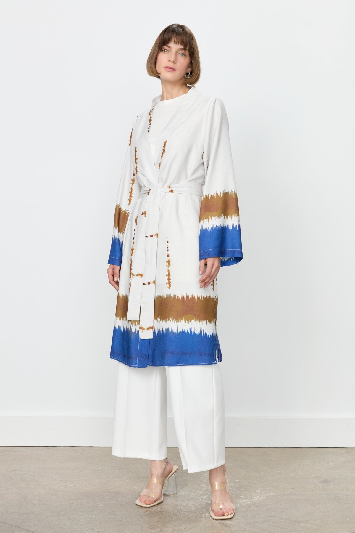 Yırtmaçlı Kuşaklı Viskon Kimono - Saks