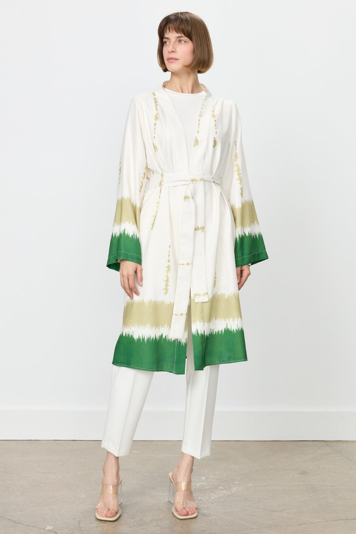 Yırtmaçlı Kuşaklı Viskon Kimono - Yeşil
