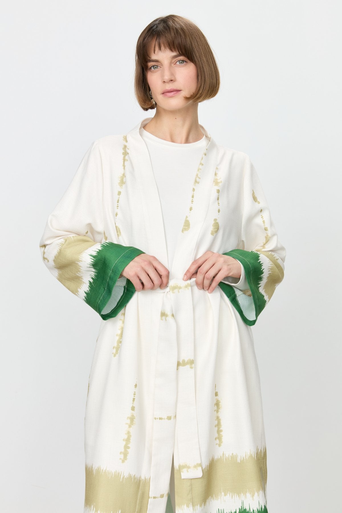 Yırtmaçlı Kuşaklı Viskon Kimono - Yeşil