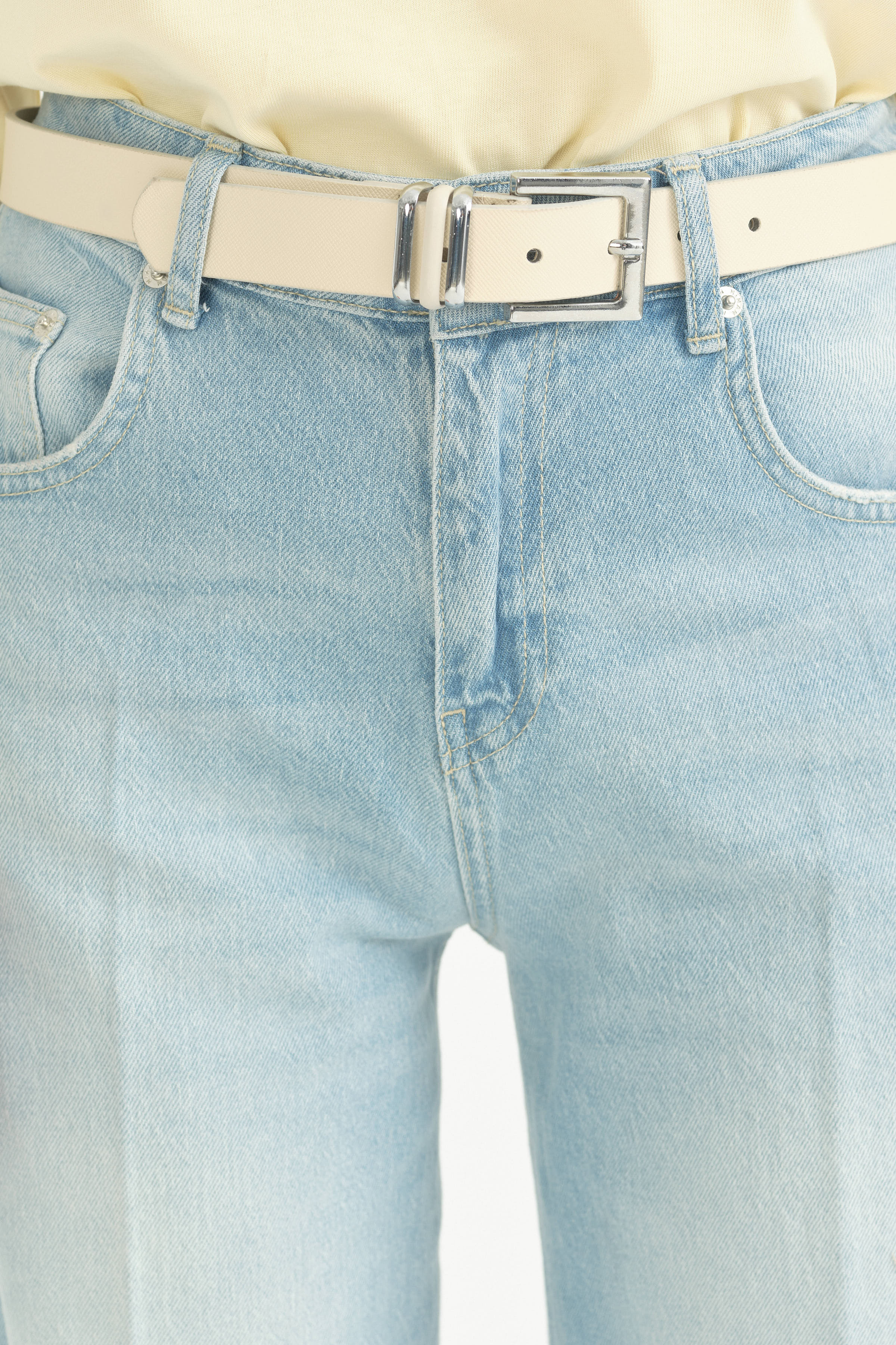 Yüksek Bel Geniş Paça Denim Pamuk Kot Pantolon - Açık Mavi