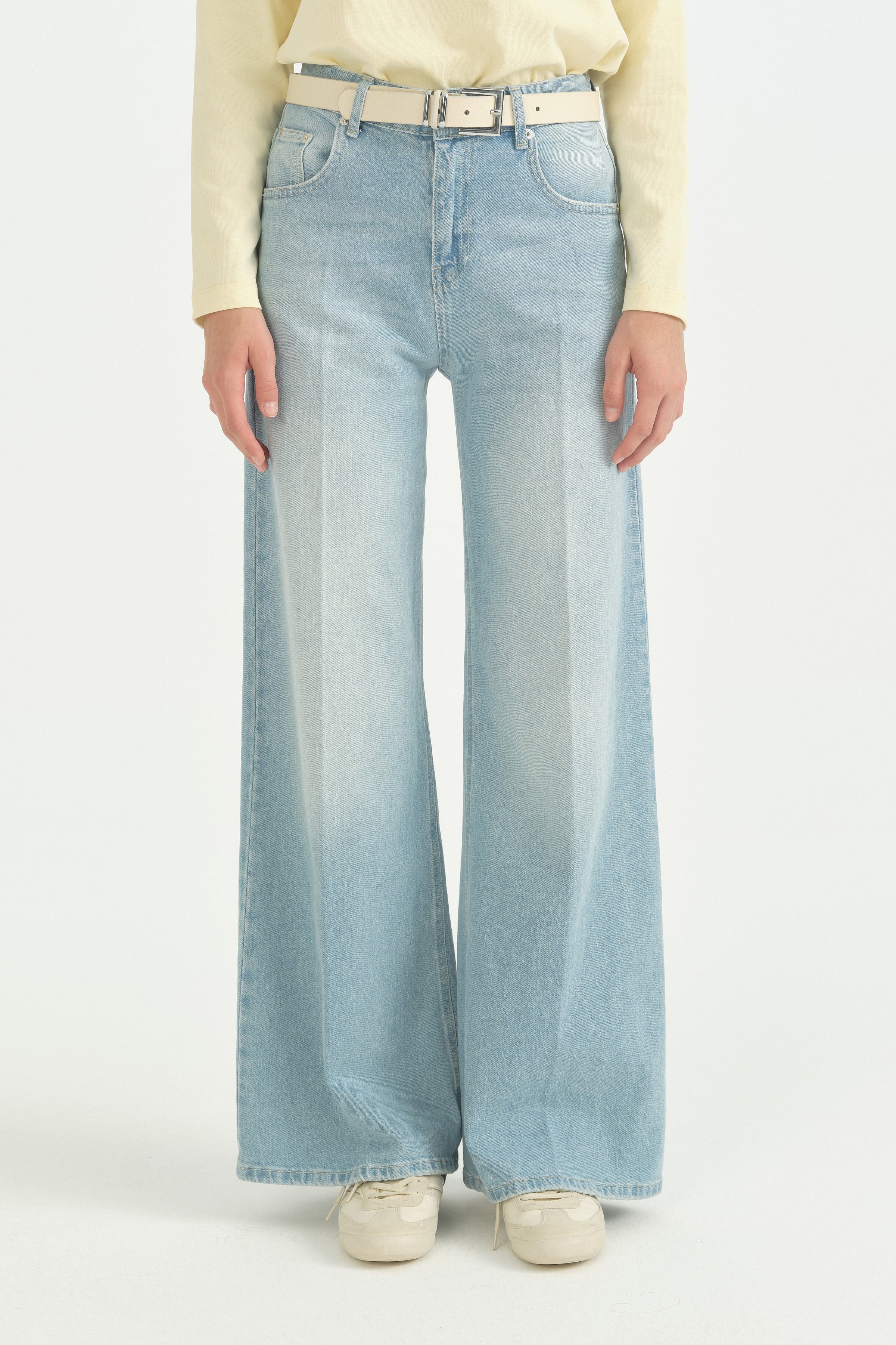Yüksek Bel Geniş Paça Denim Pamuk Kot Pantolon - Açık Mavi