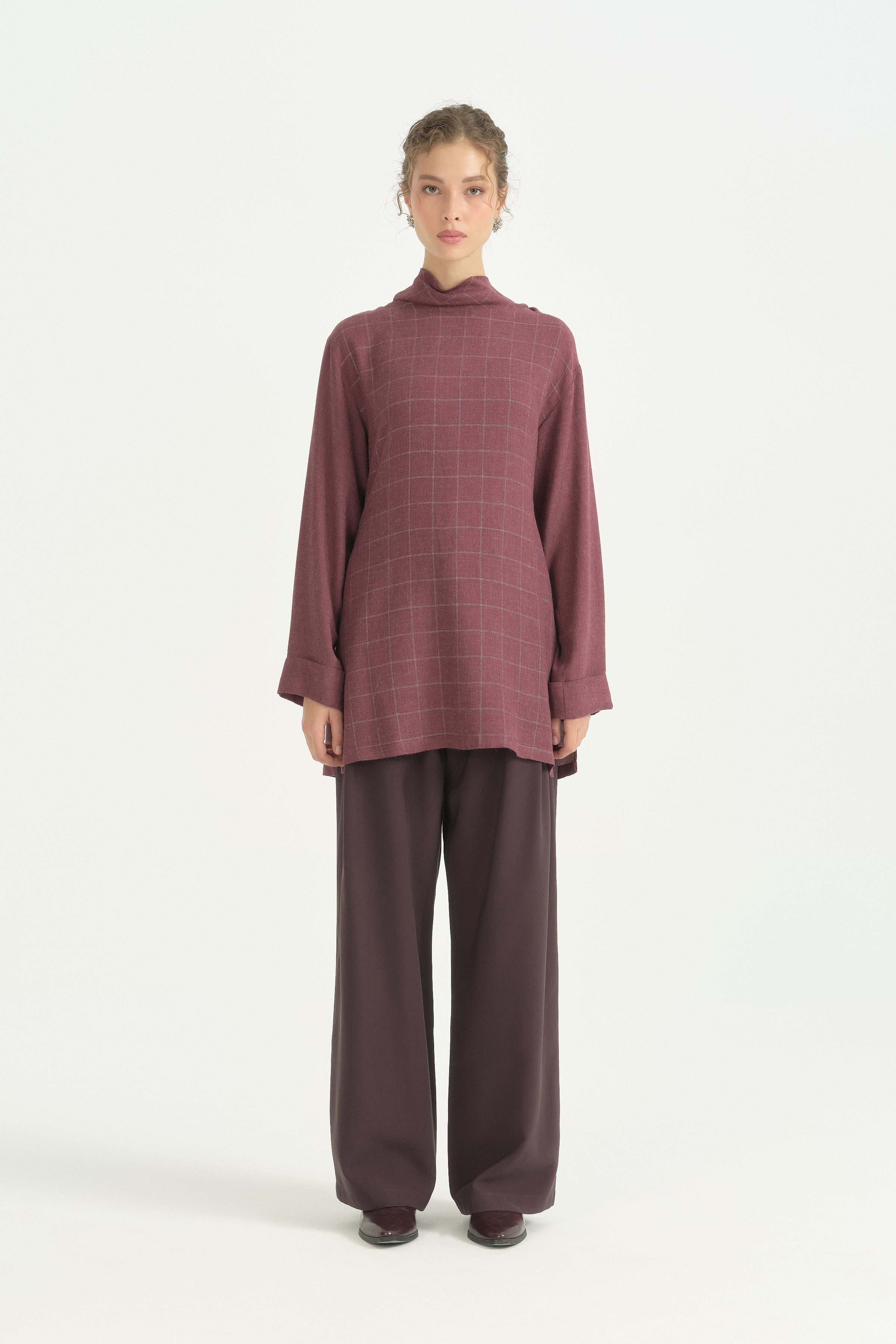 Yüksek Yaka Kareli Tunik - Mürdüm