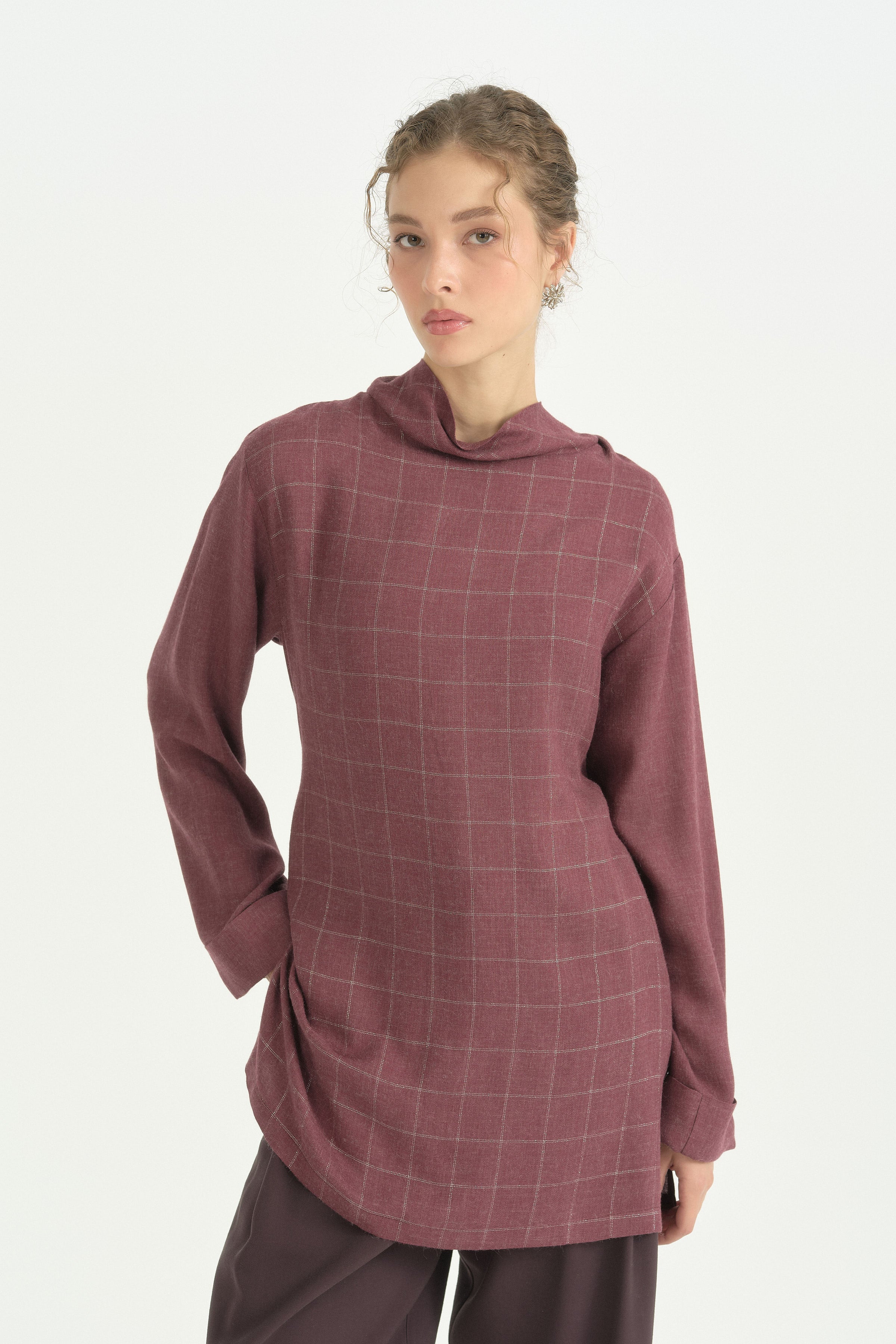 Yüksek Yaka Kareli Tunik - Mürdüm