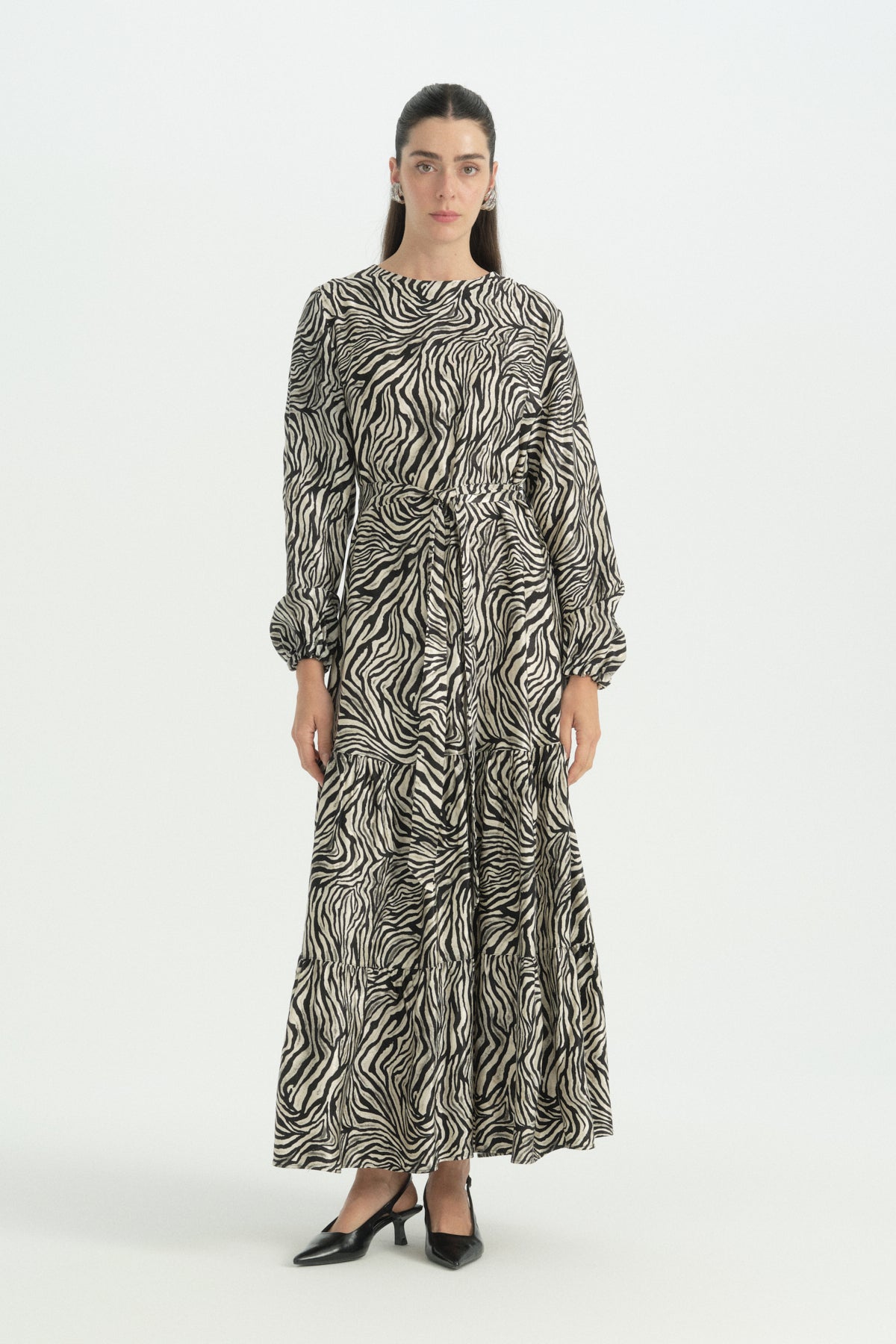 Zebra Desen Jakar Elbise - Siyah