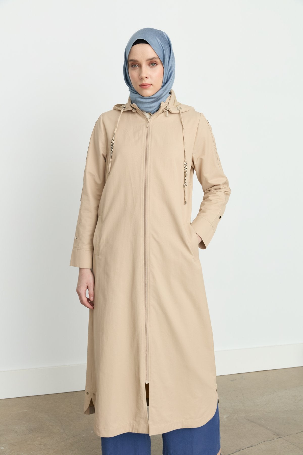 Chain Detail Detachable Hooded Trench Coat - Beige