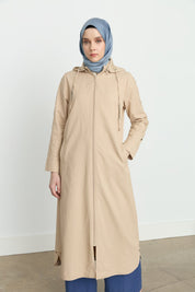 Chain Detail Detachable Hooded Trench Coat - Beige