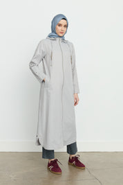 Chain Detail Detachable Hooded Trench Coat - Grey