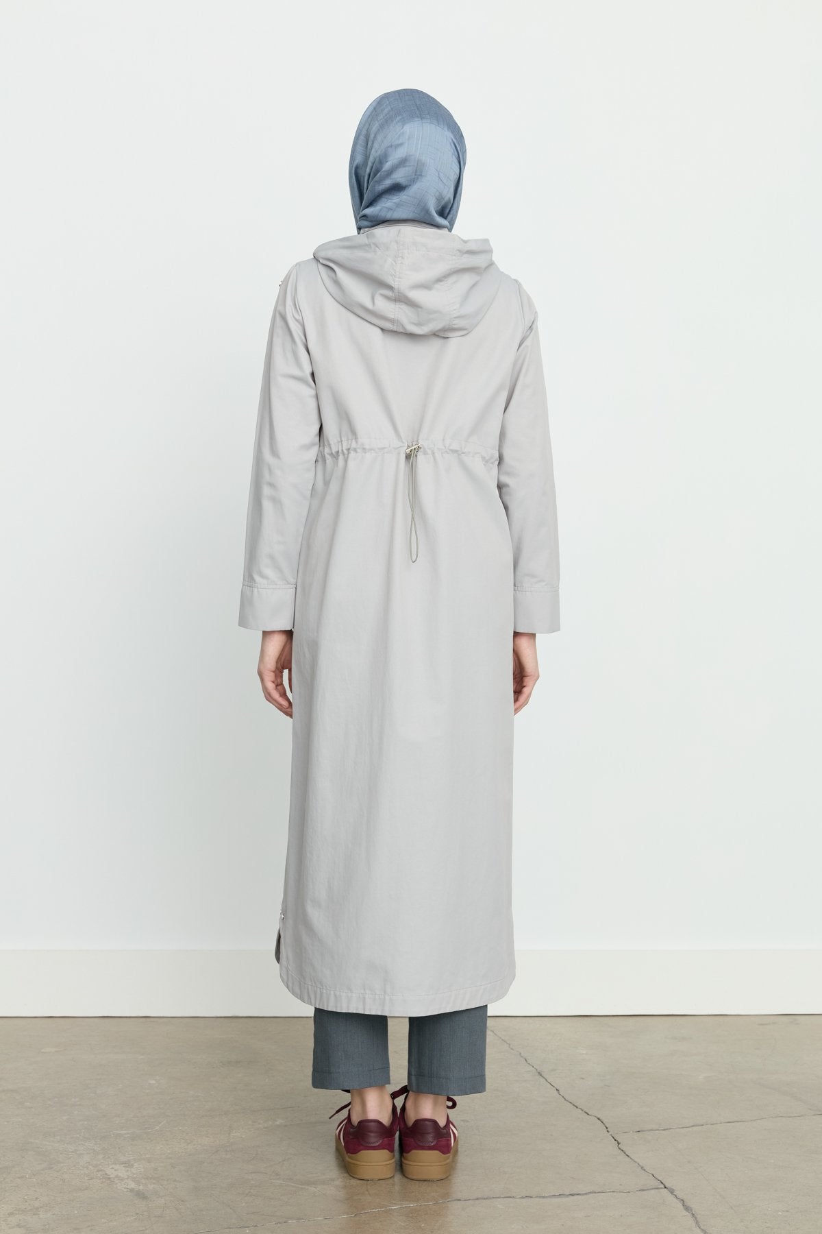 Chain Detail Detachable Hooded Trench Coat - Grey