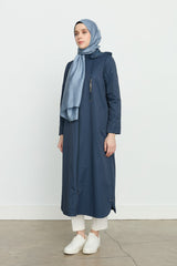 Chain Detailed Removable Hooded Trench Coat - Navy Blue