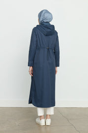 Chain Detailed Removable Hooded Trench Coat - Navy Blue