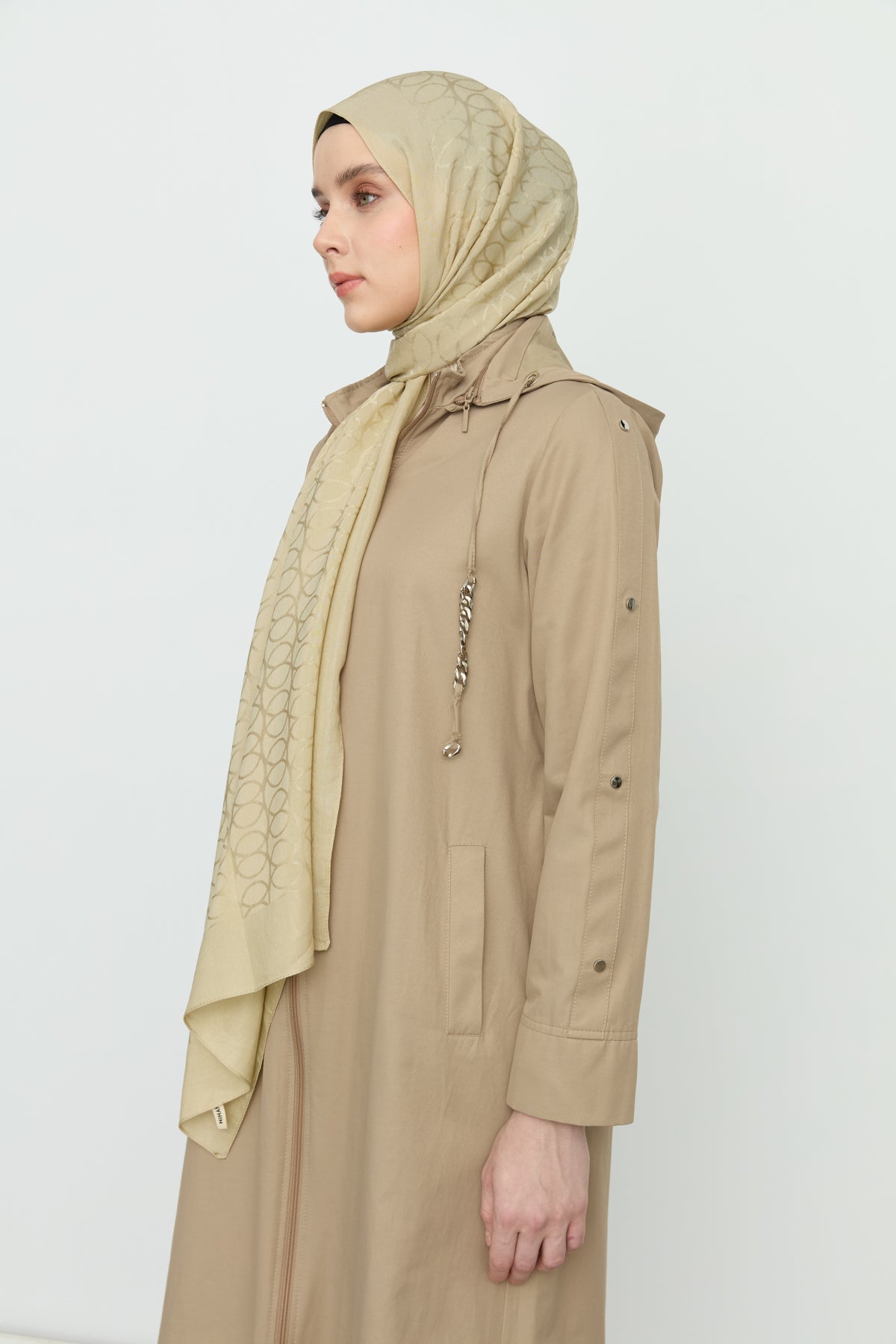 Chain Detail Detachable Hooded Trench Coat - Olive